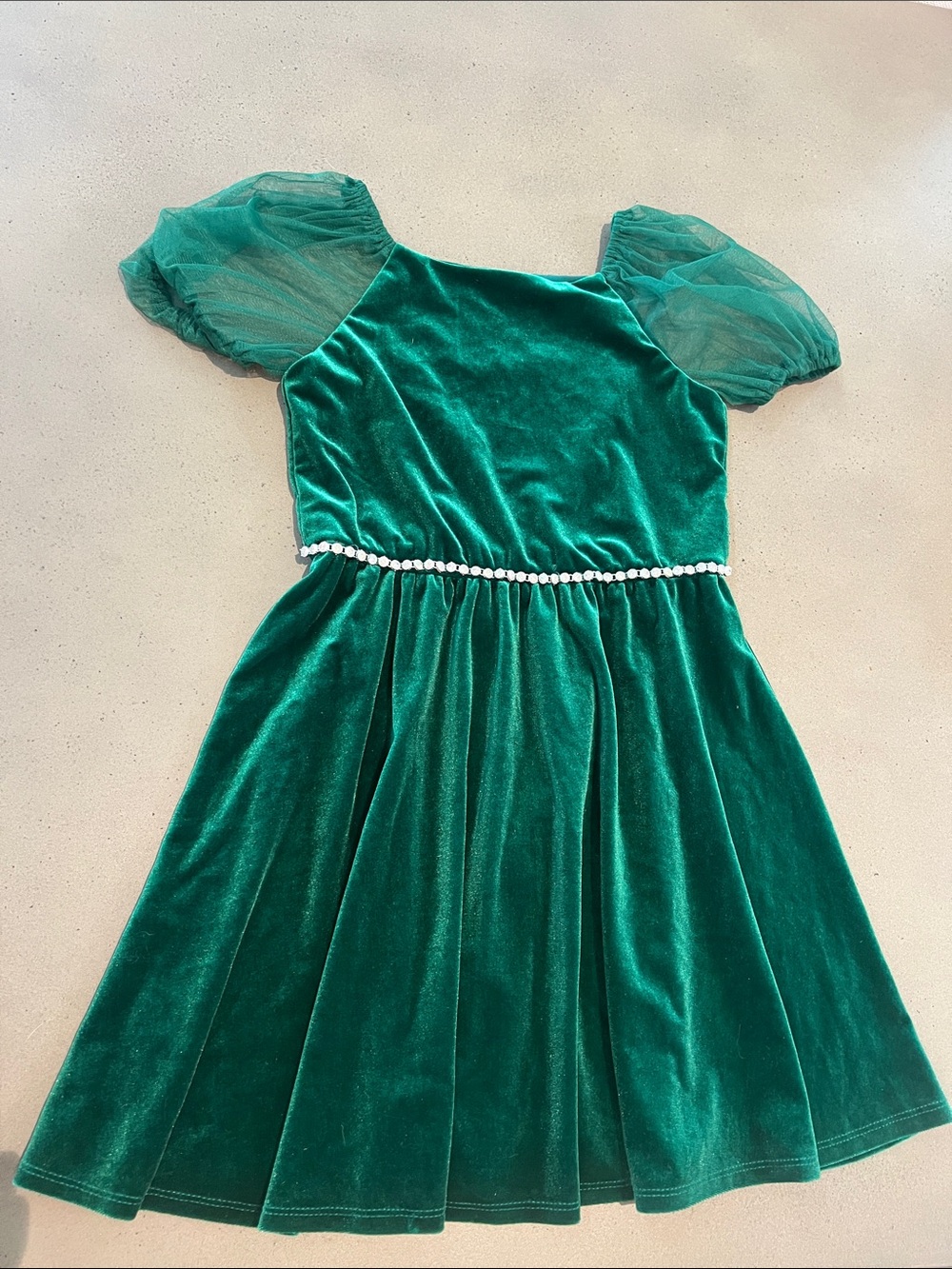 Zunie Emerald Green Velvet Dress with Sheer Puff Sleeves